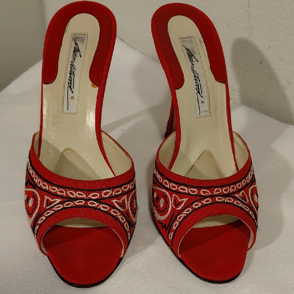 Brian Atwood Red Embroidered Open-Toe Mules
